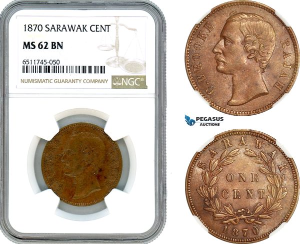 AI538, Sarawak, C. Brooke Rajah, 1 Cent 1870, London Mint, NGC MS62BN