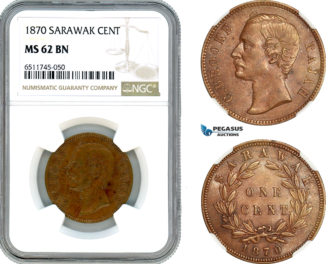 AI538, Sarawak, C. Brooke Rajah, 1 Cent 1870, London Mint, NGC MS62BN