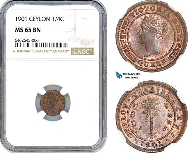 AI541, Ceylon, Victoria, 1/4 Cent 1901, NGC MS65BN