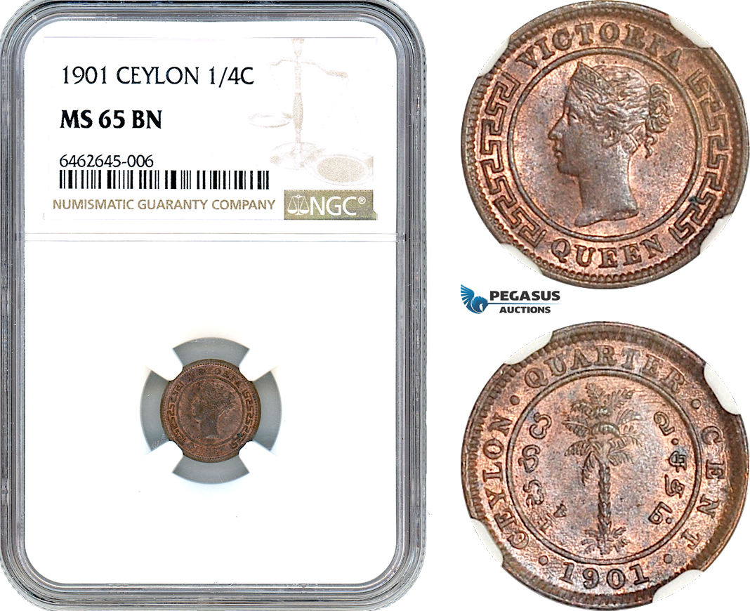 AI541, Ceylon, Victoria, 1/4 Cent 1901, NGC MS65BN