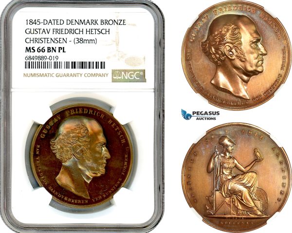 AI542, Denmark, Bronze Medal 1845 by Conradsen, Gustav Friedrich Hetsch, Owl, NGC MS66BN PL