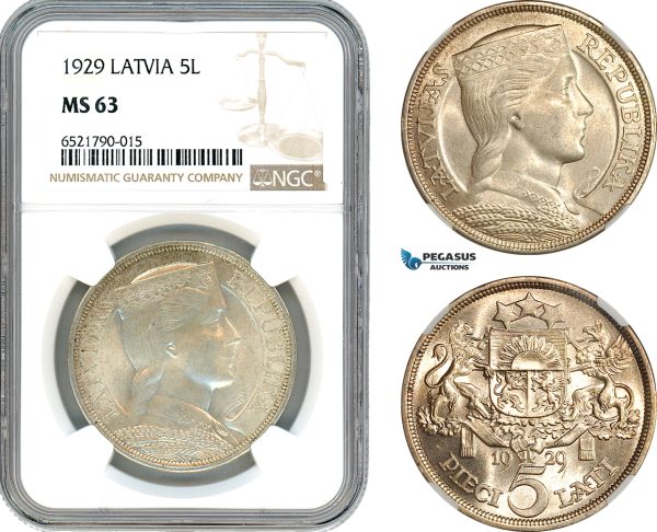 AI553, Latvia, 5 Lati 1929, Silver, NGC MS63