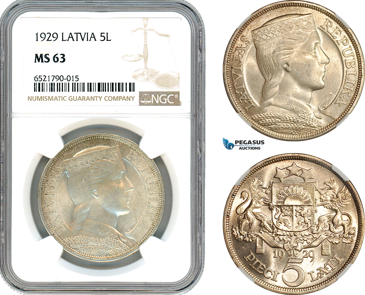 AI553, Latvia, 5 Lati 1929, Silver, NGC MS63