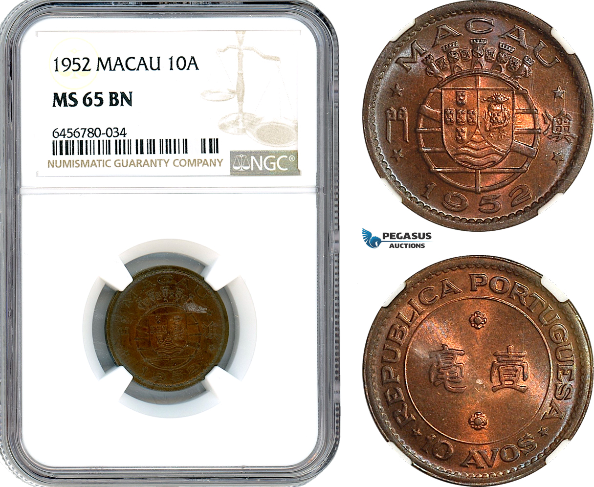 AI554, Macau (Portuguese Colony) 10 Avos 1952, NGC MS65BN