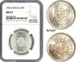 AI560, Macau (Portuguese Colony) 5 Patacas 1952, Silver, NGC MS65