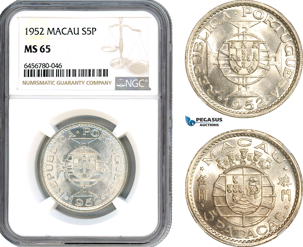 AI560, Macau (Portuguese Colony) 5 Patacas 1952, Silver, NGC MS65