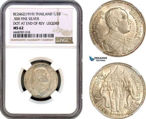 AI572, Thailand, Rama VI, 1/2 Baht BE 2462 (1919) Dot After Reverse Legend, Silver, NGC MS62