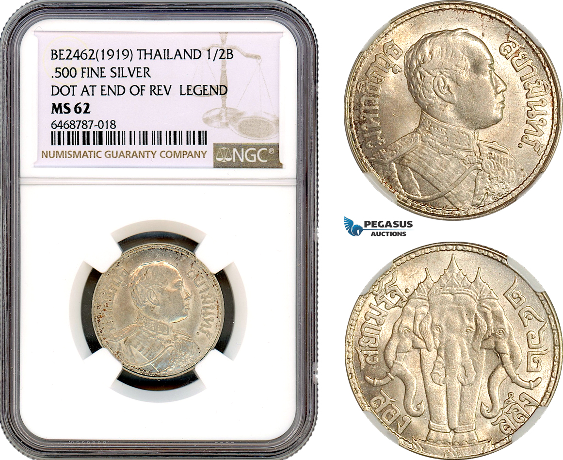 AI572, Thailand, Rama VI, 1/2 Baht BE 2462 (1919) Dot After Reverse Legend, Silver, NGC MS62