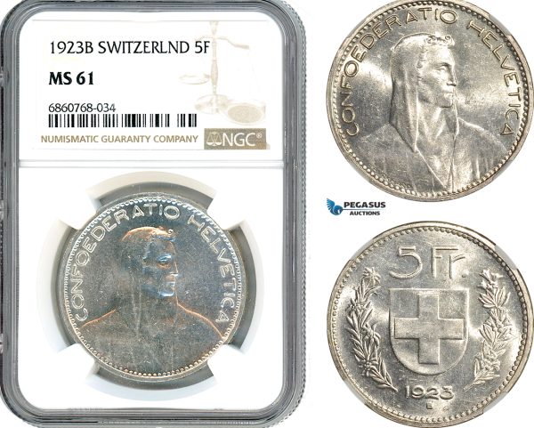 AI588, Switzerland, 5 Francs 1923 B, Bern Mint, Silver, NGC MS61