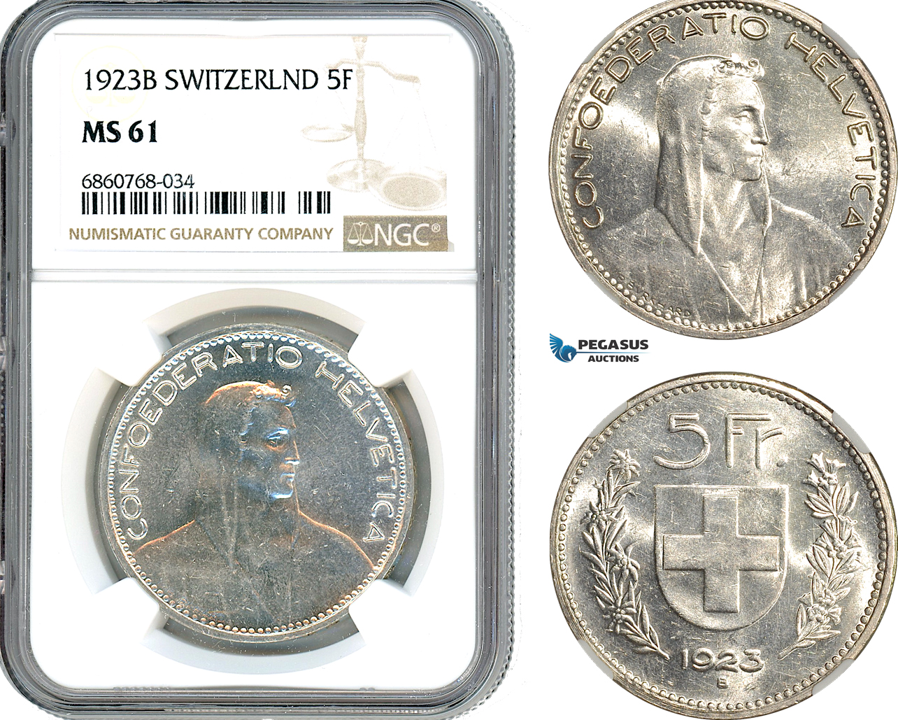 AI588, Switzerland, 5 Francs 1923 B, Bern Mint, Silver, NGC MS61