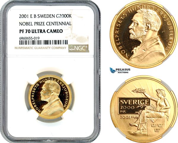 AI609, Sweden, Nobel Prize Centennial 2000 Kronor 2001, Eskilstuna Mint, Gold, NGC PF70 Ultra Cameo