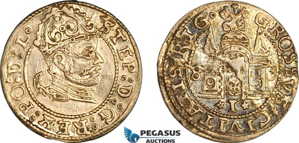 AI633, Latvia, Stefan Bathory of Poland, Groschen 1583, Riga Mint, Silver (1.83g) Toned, EF