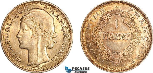 AI638, French Indo-China, 1 Piastre 1931, Paris Mint, Silver, Toned EF-UNC