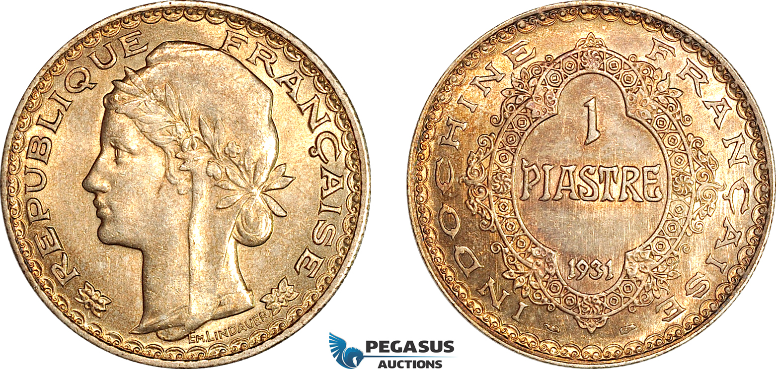 AI638, French Indo-China, 1 Piastre 1931, Paris Mint, Silver, Toned EF-UNC