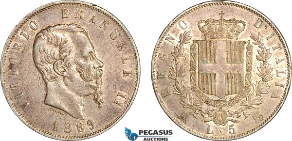 AI646, Italy, Kingdon, Victor Emmanuel II, 5 Lire 1869 M, Milan Mint, Silver, Some bag marks, toned VF-EF