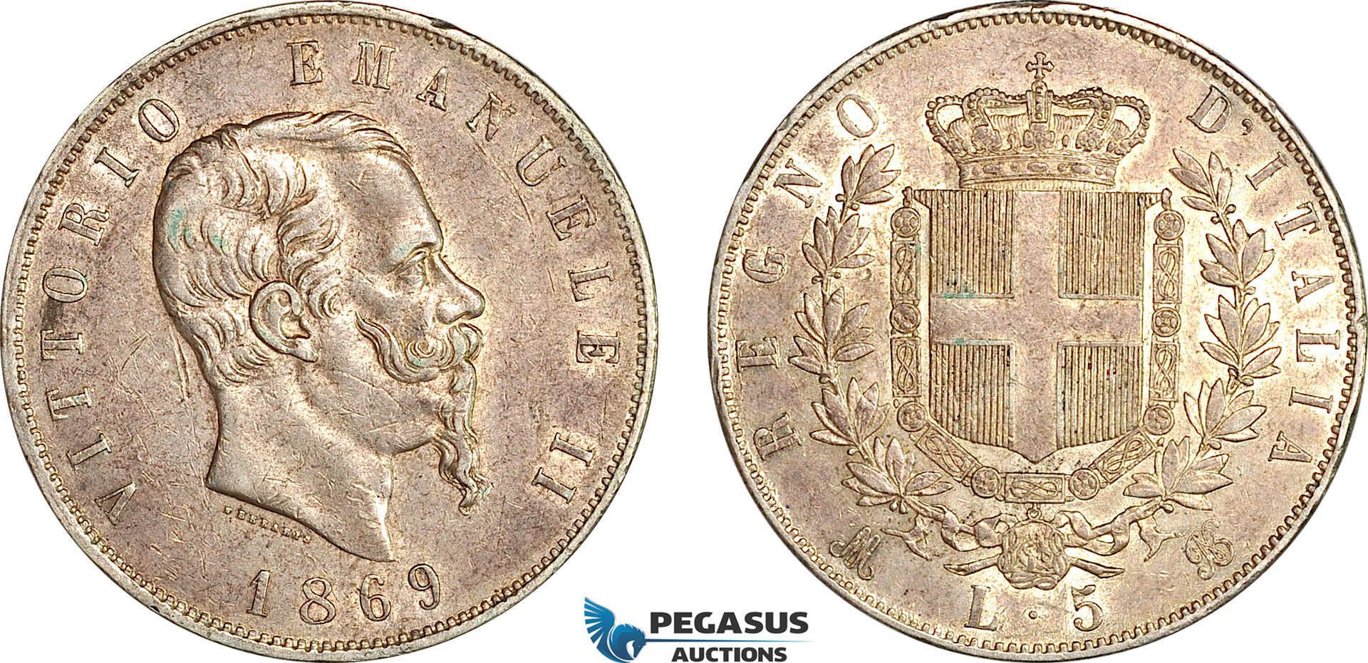 AI646, Italy, Kingdon, Victor Emmanuel II, 5 Lire 1869 M, Milan Mint, Silver, Some bag marks, toned VF-EF