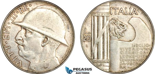 AI647, Italy, Vittorio Emanuele III, 20 Lire 1928 VI R, Rome Mint, 10th Anniversary of the End of World War I, Silver, Scratched, VF-EF
