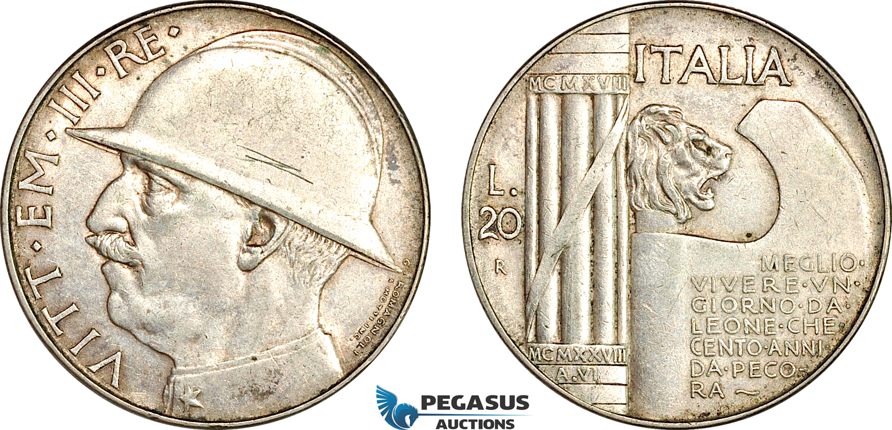 AI647, Italy, Vittorio Emanuele III, 20 Lire 1928 VI R, Rome Mint, 10th Anniversary of the End of World War I, Silver, Scratched, VF-EF