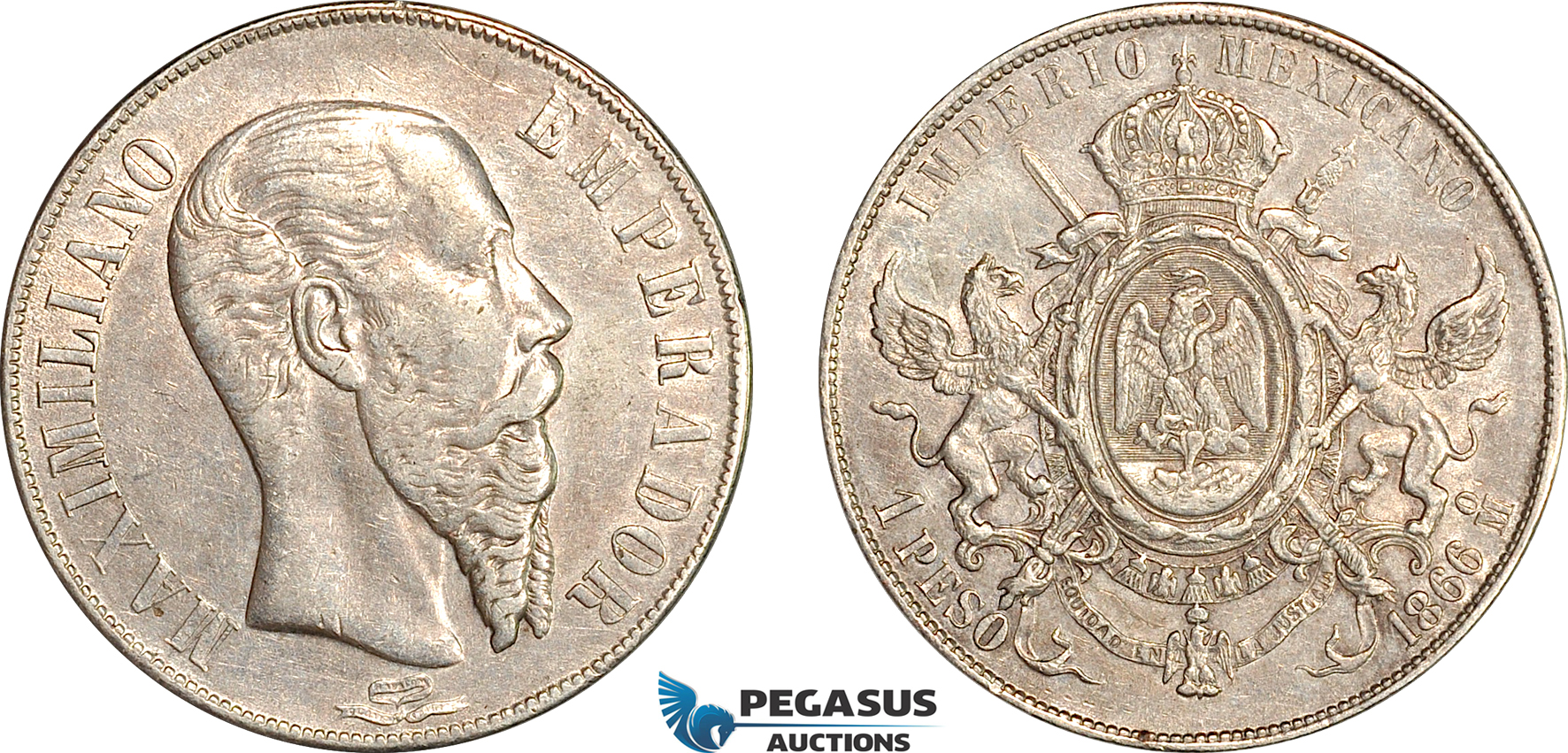 AI648, Mexico, Maximillian, 1 Peso 1866 Mo, Mexico City Mint, Silver, aEF