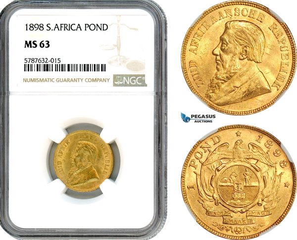 AI687, South Africa (ZAR) 1 Pond 1898, Pretoria Mint, Gold, NGC MS63