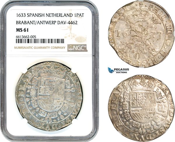 AI688, Spanish Netherlands (Belgium) Brabant/Antwerp, Philip IV, 1 Patagon 1633, Dav-4462, Silver, NGC MS61, Top Pop & Single finest graded!