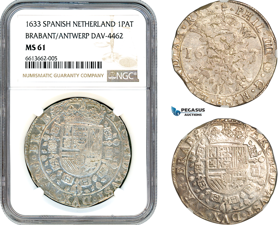 AI688, Spanish Netherlands (Belgium) Brabant/Antwerp, Philip IV, 1 Patagon 1633, Dav-4462, Silver, NGC MS61, Top Pop & Single finest graded!