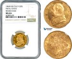 AI693, Italy, Papal States, Pius IX, 20 Lire 1866 R, Rome Mint, Reeded Edge, Gold, NGC MS65+