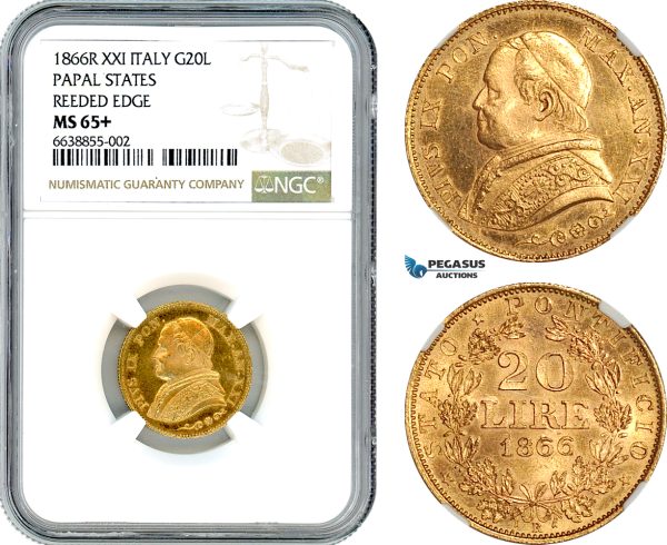 AI693, Italy, Papal States, Pius IX, 20 Lire 1866 R, Rome Mint, Reeded Edge, Gold, NGC MS65+