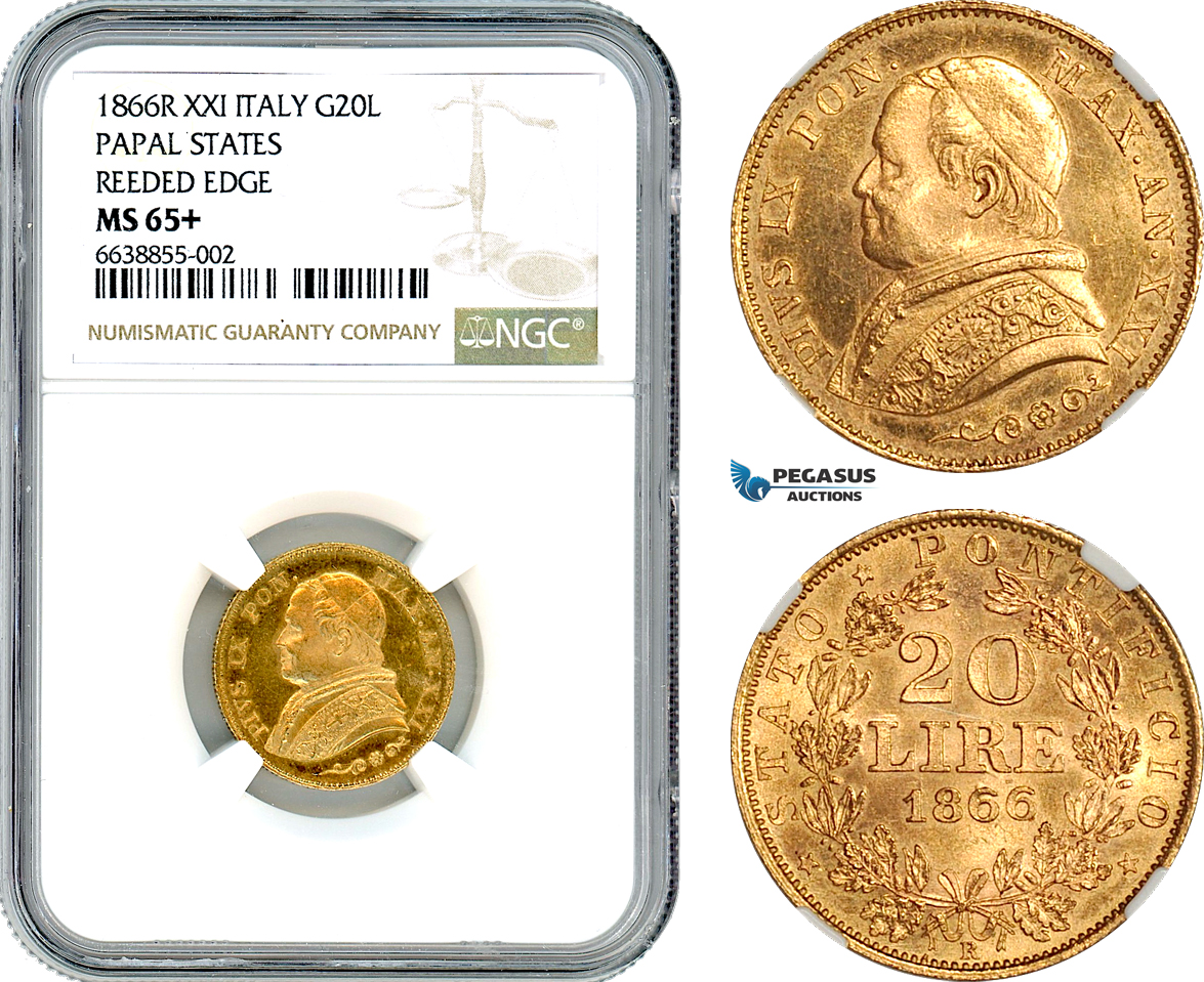 AI693, Italy, Papal States, Pius IX, 20 Lire 1866 R, Rome Mint, Reeded Edge, Gold, NGC MS65+