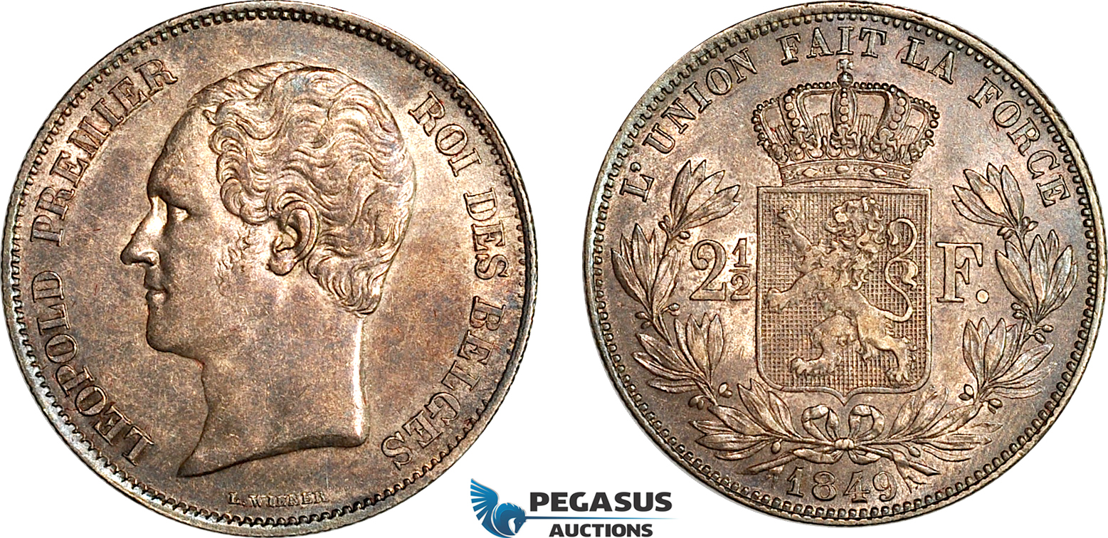 AI695, Belgium, Leopold I, 2 1/2 Francs 1849, Brussels Mint, Silver, Toned, XF