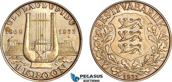 AI699, Estonia, 1 Kroon 1933, Singing Festival, Silver, Toned AU