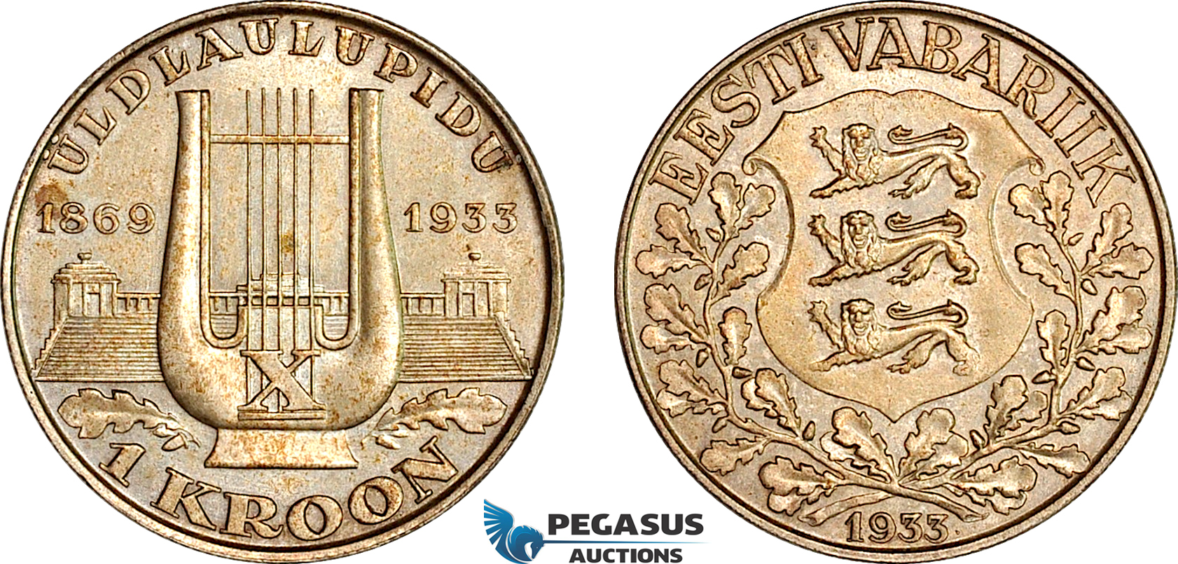 AI699, Estonia, 1 Kroon 1933, Singing Festival, Silver, Toned AU