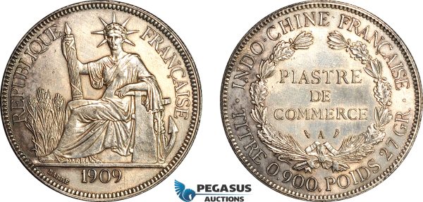 AI700, French Indo-China, 1 Piastre 1909 A, Paris Mint, Silver, Cleaned, AU