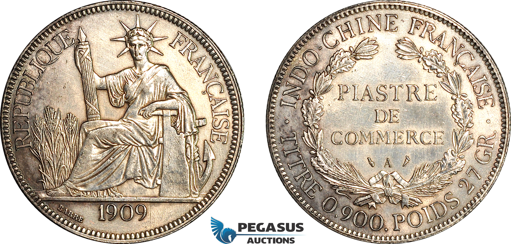 AI700, French Indo-China, 1 Piastre 1909 A, Paris Mint, Silver, Cleaned, AU