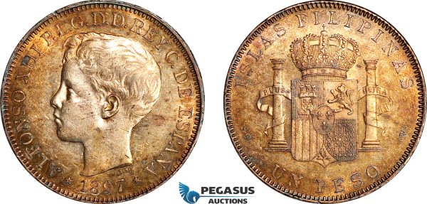 AI703, Philippines (Spanish Colony) Alfonso XIII, 1 Peso 1897 SG-V, Madrid Mint, Silver, Cleaned, XF-AU