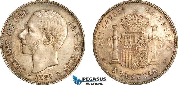 AI707, Spain, Alfonso XII, 5 Pesetas 1885 (87) MSM, Madrid Mint, Silver, Minimal cleaning, AU