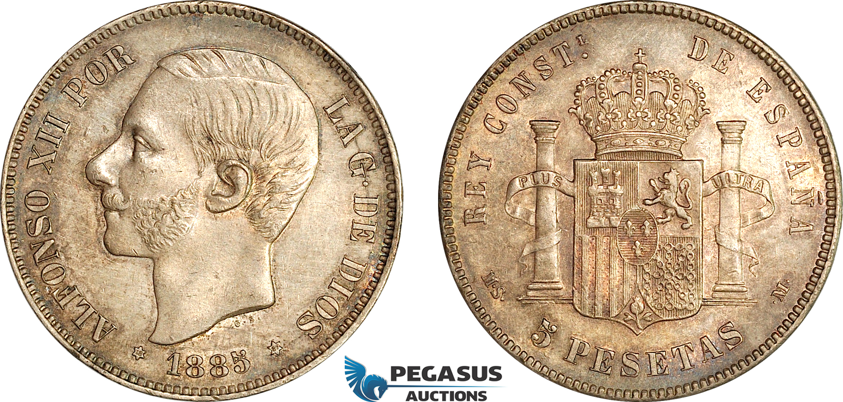 AI707, Spain, Alfonso XII, 5 Pesetas 1885 (87) MSM, Madrid Mint, Silver, Minimal cleaning, AU