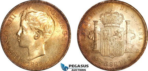 AI708, Spain, Alfonso XIII, 5 Pesetas 1898 SGV, Madrid Mint, Silver, Bagmarks, Toned UNC
