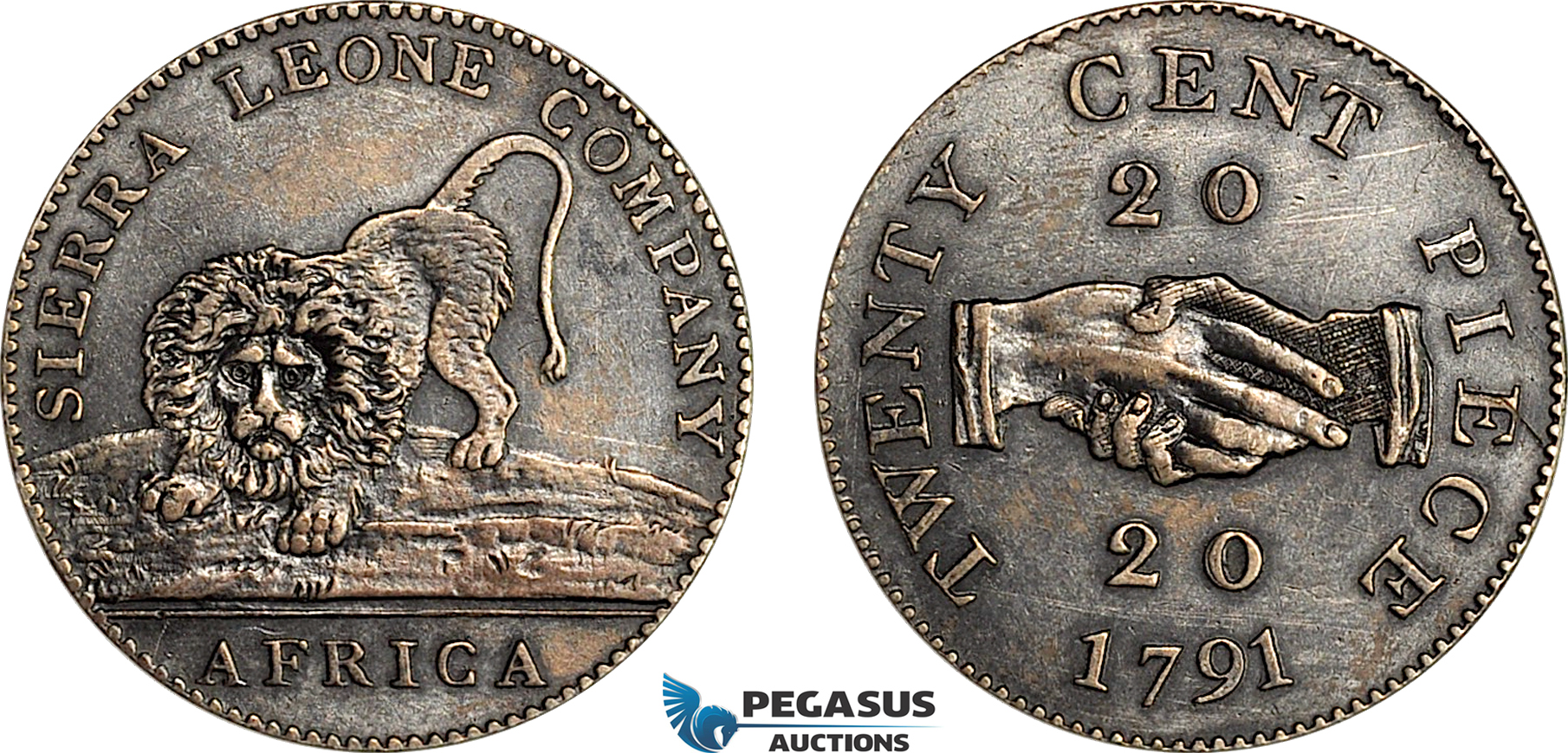 AI711, Sierra Leone, British Colony, Sierra Leone Company, 20 Cents 1791, Silver, Cleaned AU, Rare!