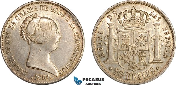 AI712, Spain, Isabella II, 20 Reales 1854, Seville Mint, Silver, Lustrous, XF-AU