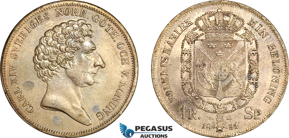 AI737, Sweden, Carl XIV, 1 Riksdaler 1834, Stockholm Mint, Silver, SM 62a, VF-XF