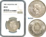 AI739, Argentina, 50 Centavos 1882, Silver, NGC MS63