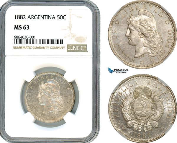 AI739, Argentina, 50 Centavos 1882, Silver, NGC MS63
