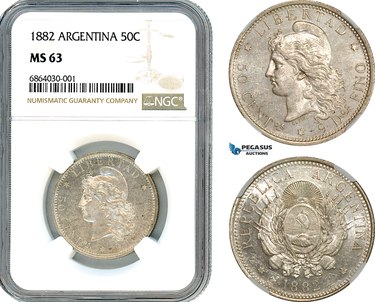 AI739, Argentina, 50 Centavos 1882, Silver, NGC MS63