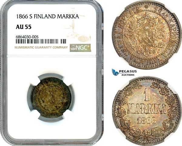 AI759, Finland, Alexander II. of Russia, 1 Markka 1866 S, Helsinki Mint, Silver, NGC AU55