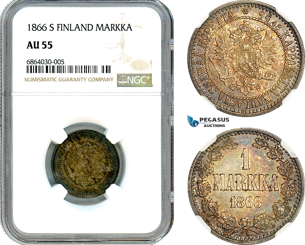 AI759, Finland, Alexander II. of Russia, 1 Markka 1866 S, Helsinki Mint, Silver, NGC AU55