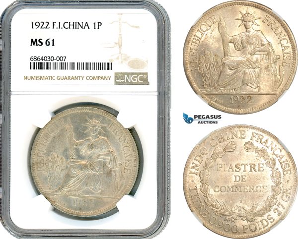 AI763, French Indo-China, 1 Piastre 1922 H, Heaton Mint, Silver, NGC MS61