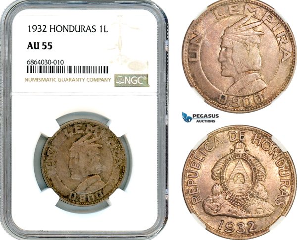 AI765, Honduras, 1 Lempira 1932, Philadelphia Mint, Silver, NGC AU55
