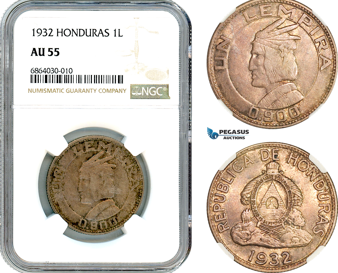 AI765, Honduras, 1 Lempira 1932, Philadelphia Mint, Silver, NGC AU55