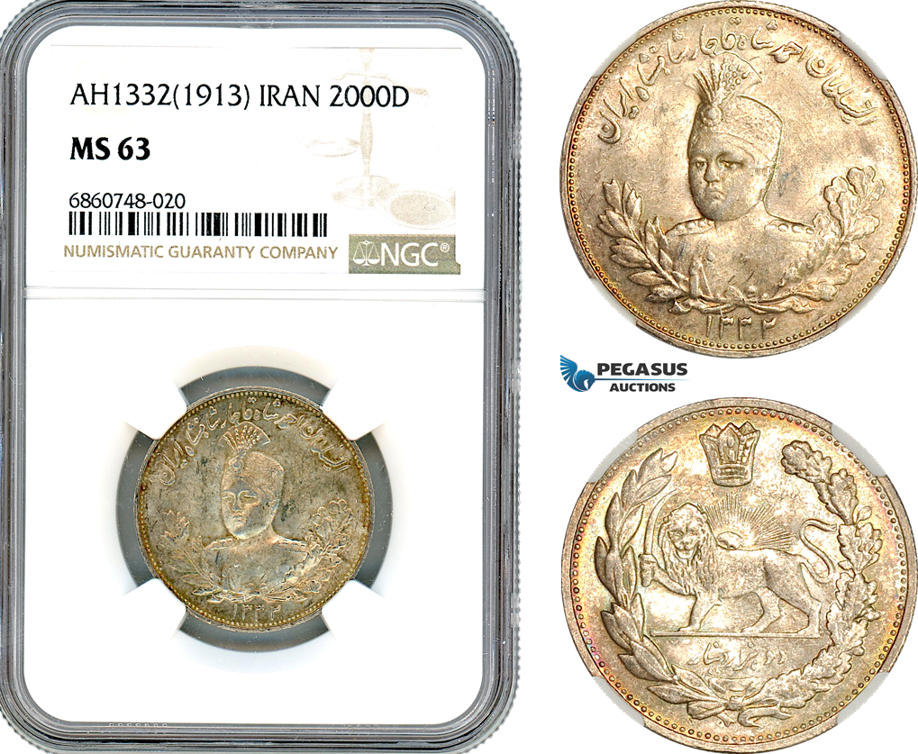 AI773, Iran, Ahmad Shah, 2000 Dinars AH1332 (1913) Tehran Mint, Silver, NGC MS63